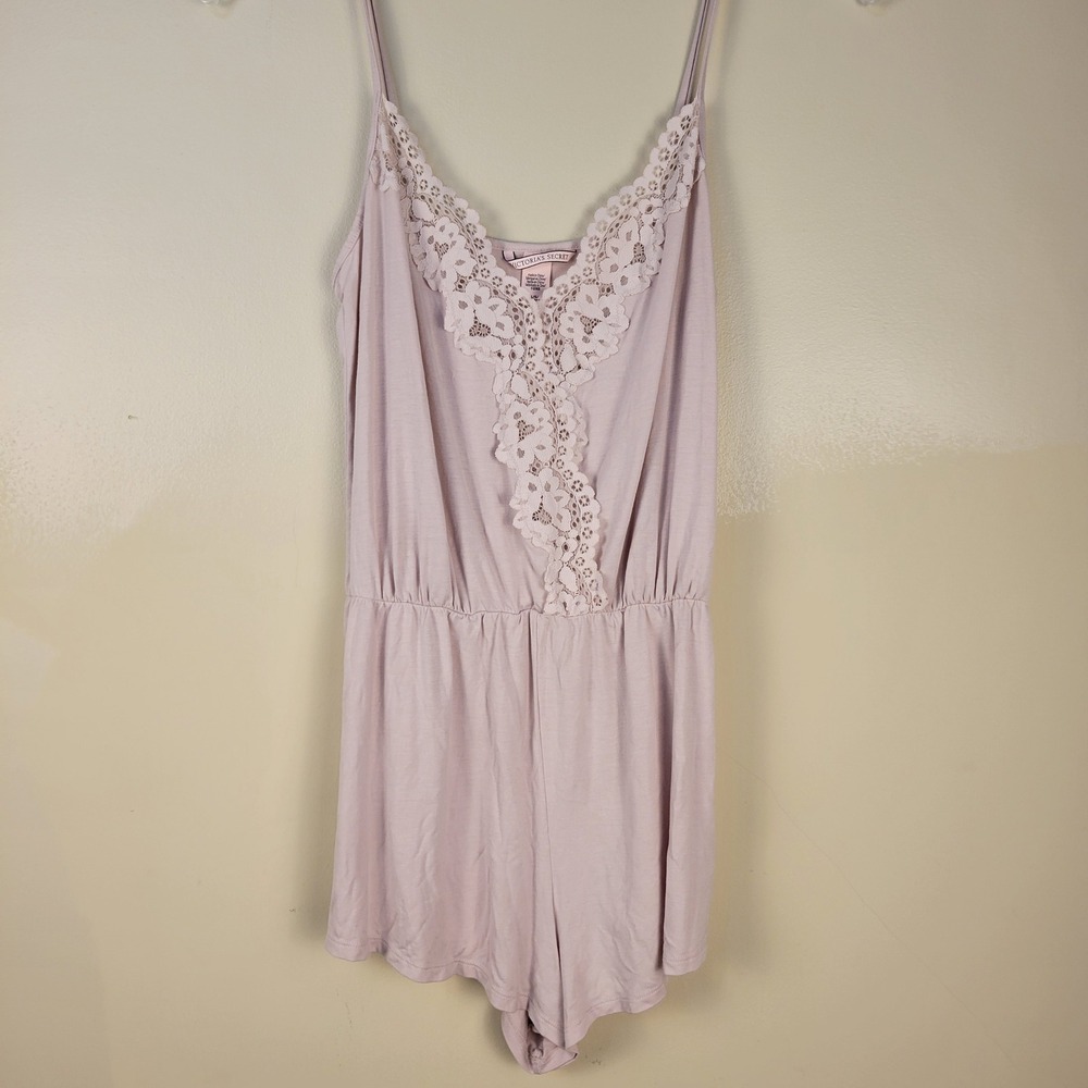 Victorias Secret Womens‎ Large Pink Lace Trim Sleep Romper Pajamas Lingerie